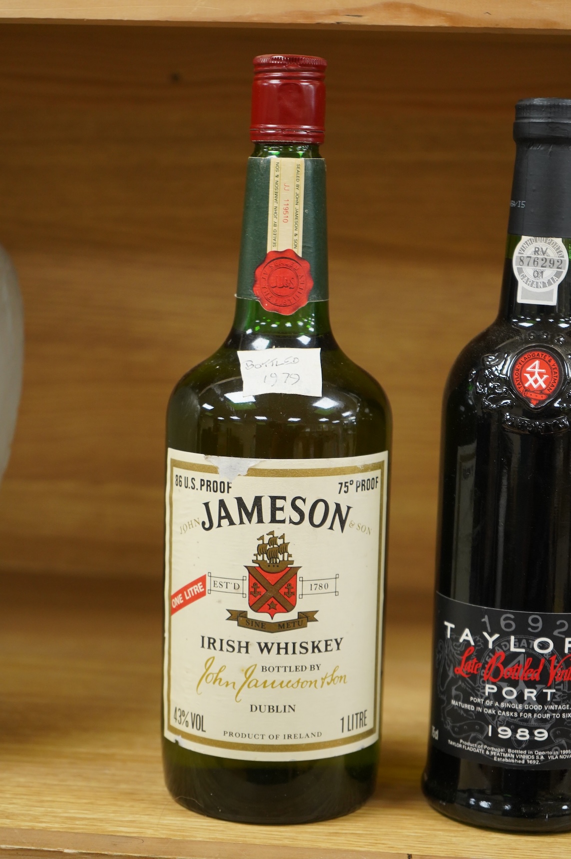 A bottle of Jameson whisky and a bottle of Taylor’s 1989 port